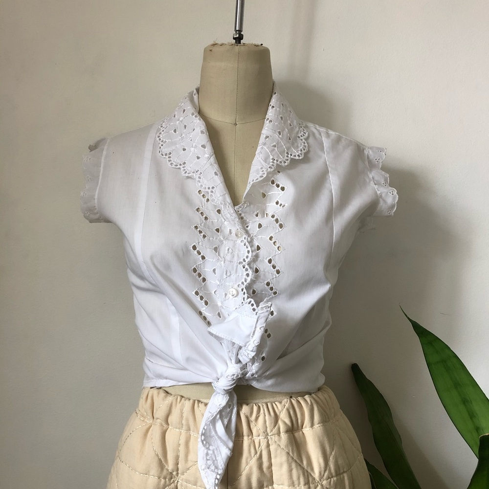 Vintage White Lace Eyelet Crop Blouse